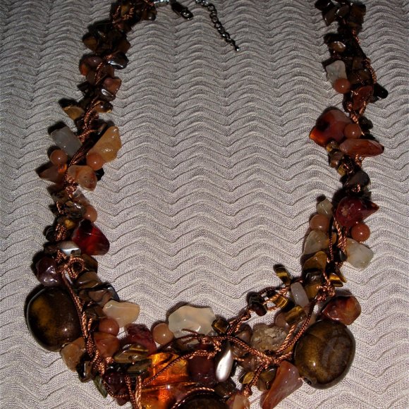 Tiger's Eye Stone Lava Rock Stone Pebble Glass Necklace - Picture 4 of 7